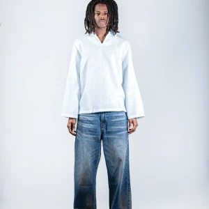 Blue V-neck linen shirt