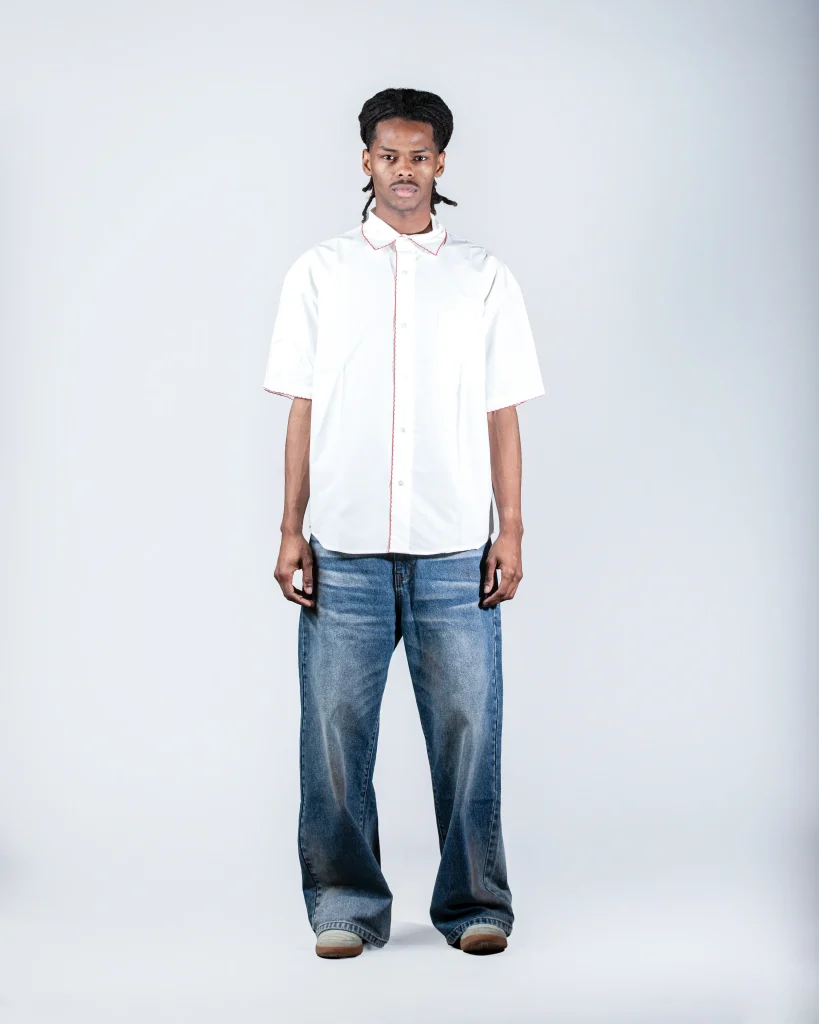 Cropped White Shirt with Red Stitching
